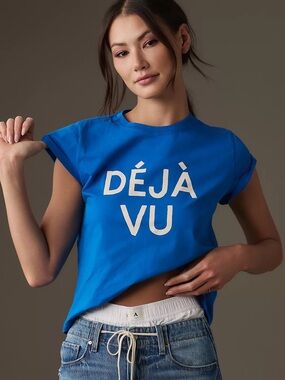 Clare V Deja Vu Bright Blue Short Sleeve Graphic Tee Shirt Size Medium